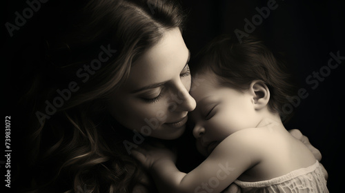 Tender moment between mother and sleeping baby in a serene portrait