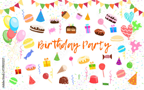 Birthday party vector illustration, sweet elements for colorful decoration of your party backgrounds,cards,invitations,website,posts