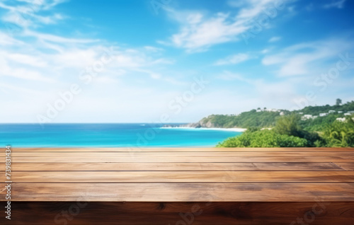 Empty wooden deck table with a beautiful beach and seaside landscape
