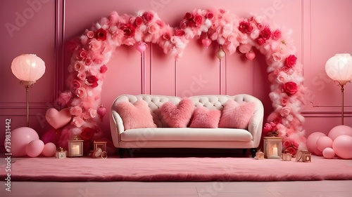 Festive pink Valentine s Day photo studio background featuring fluffy pink pillows  pink carpets and ornamental elements  and led heart-shaped lamps