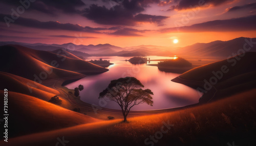Serene sunset over rolling hills and calm lake with solitary tree in foreground