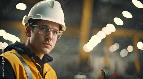 Young professionals in uniform and safety helmets operating in a manufacturing environment