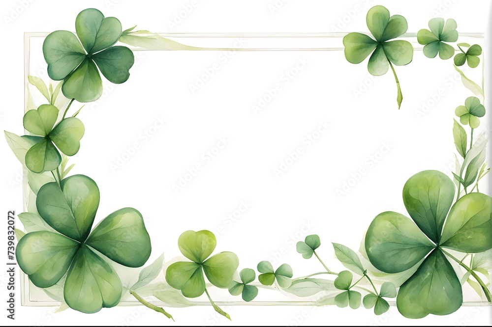 Watercolor rectangle clovers shamrock leaves frame isolated on white background with copy space for text and decoration