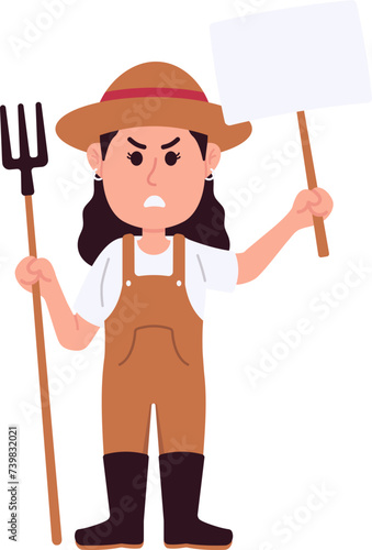 Female Farmer Demonstrant Character with Annoyed Expression Holding a Placard Signs and Pitchfork, Protest Agricultural Law Reform France Illustration