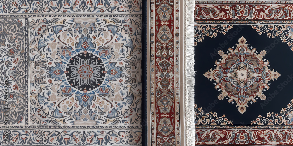 Top view old blue Persian Asian carpet texture. abstract ornament classic Arabic pattern rug