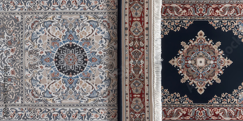 Top view old blue Persian Asian carpet texture. abstract ornament classic Arabic pattern rug