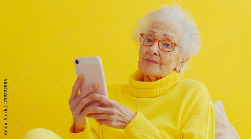 Studio portrait of elderly granny in yellow sweater texting on cell phone Studio portrait of elderly granny in yellow sweater texting on cell phone