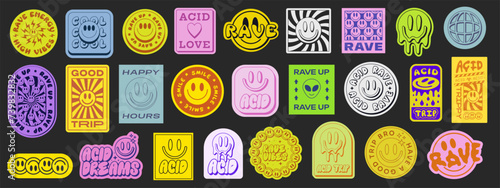 Set Of Acid Sticker Patterns Vector Design. Rave Y2k Graphic Elements. Trippy Smile Streetwear Patches Art.