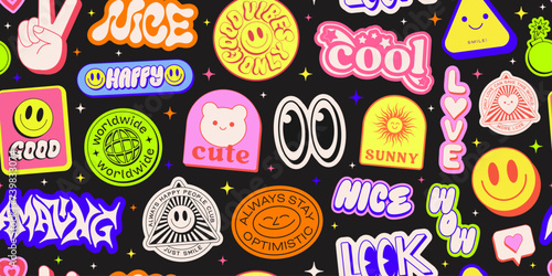 Cool Y2k Stickers Collage Seamless Pattern Vector Design. Groovy Patches Smile Emoji Pop Art Background.