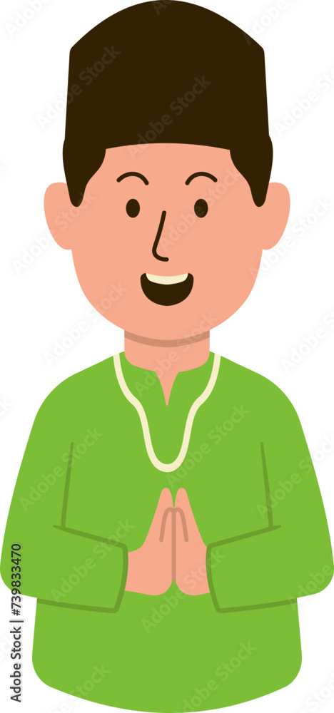 Smiling muslim male character wearing green koko shirt and peci with greeting or supplication hand gesture Smiling muslim male character wearing green koko shirt and peci with greeting or supplication hand gesture
