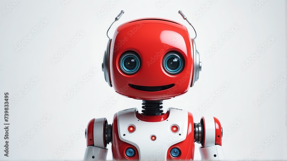 Cute red humanoid smiling robot in plain white background from Generative AI Cute red humanoid smiling robot in plain white background from Generative AI