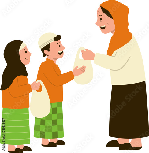 Muslim child character giving charity aid to old female in holy month of Ramadhan photo