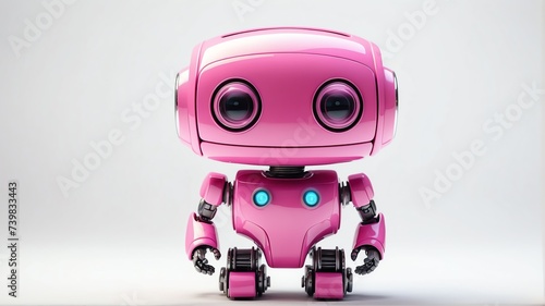 Cute pink small smiling robot in plain white background from Generative AI © Arceli