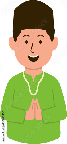 Smiling muslim male character wearing green koko shirt and peci with greeting or supplication hand gesture