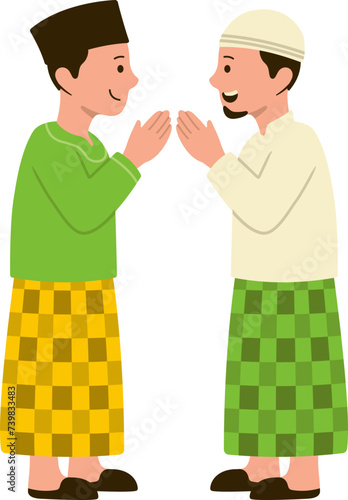 Smiling Muslim male characters wearing caps forgive each other with greeting or supplication hand gesture during Eid al-Fitr holiday