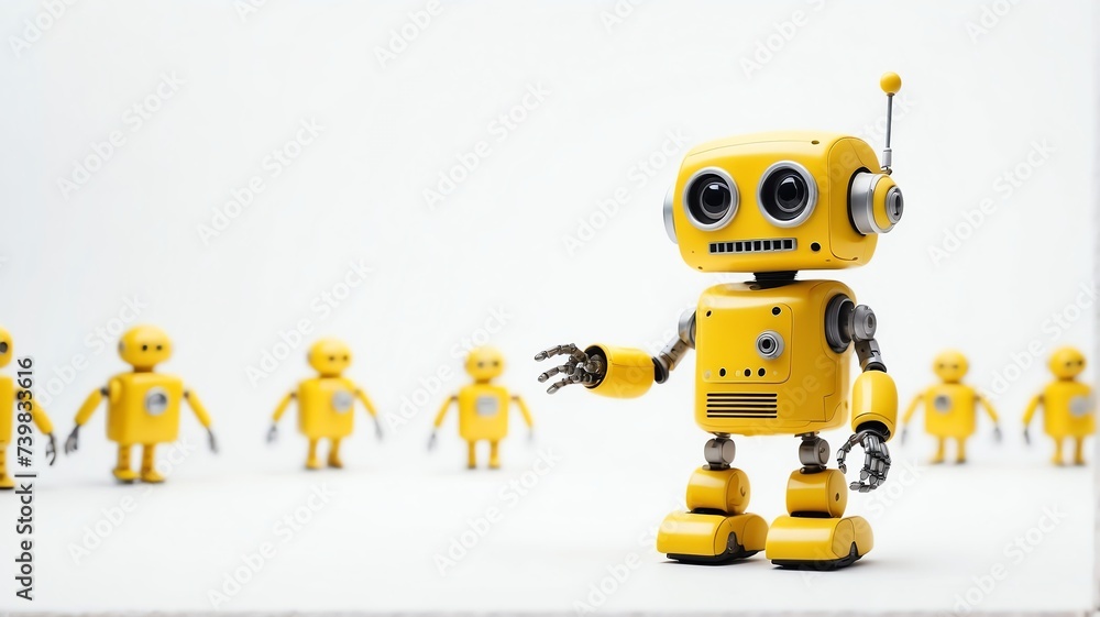 Cute yellow small smiling robot in plain white background from Generative AI Cute yellow small smiling robot in plain white background from Generative AI