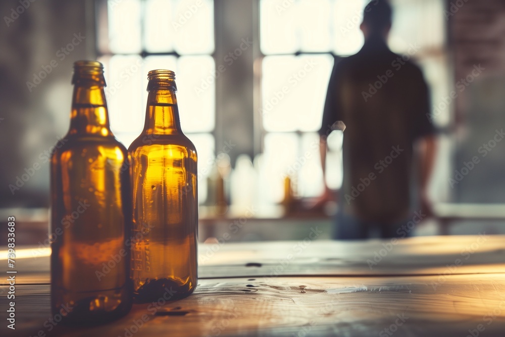 Conceptual image of empty bottles and a blurred figure in the background, depicting the isolation and blur of life caused by substance abuse - obrazy, fototapety, plakaty 