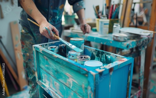 DIY Home Project - Someone painting a piece of furniture in a well-ventilated garage, with brushes and paint cans arrayed around. 