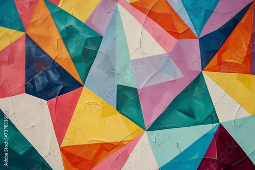 This image features a close-up of a vibrant geometric abstract painting with a rich texture, showcasing a harmonious blend of colors in triangular patterns