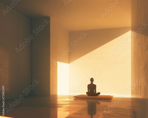 Practicing Meditation - A serene figure meditating on a cushion in a minimalist space, with soft sunlight illuminating the quiet room. 