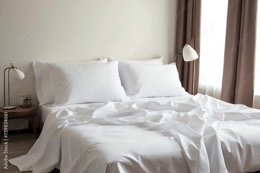 White sheet on bed in the bedroom from Generative AI White sheet on bed in the bedroom from Generative AI