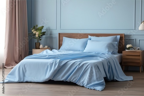 Sky blue sheet on bed in the bedroom from Generative AI