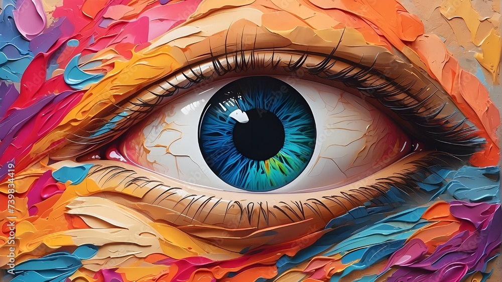 vivid eye against an abstract background. AI-generated, colorful, psychedelic eye paintings