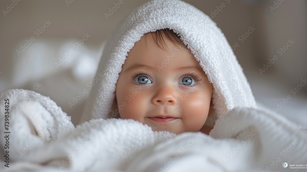 Smiling Baby Wrapped in White Towel Close-Up Portrait Smiling Baby Wrapped in White Towel Close-Up Portrait