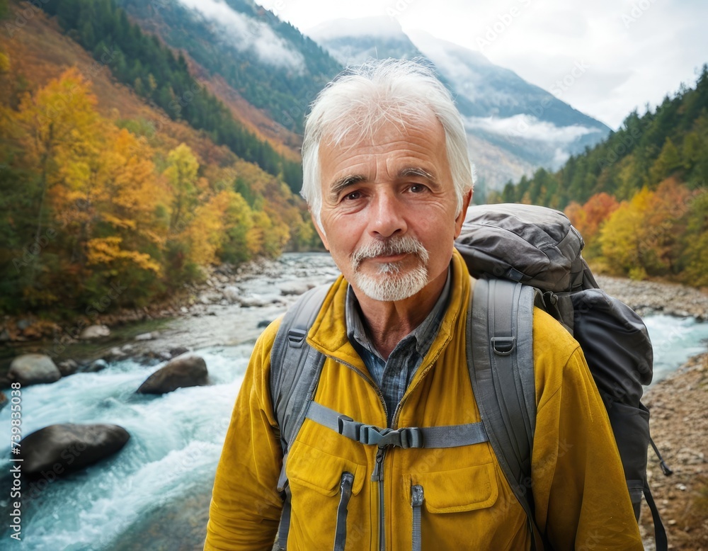Senior man is hiker. He stands near mountain river at autumn