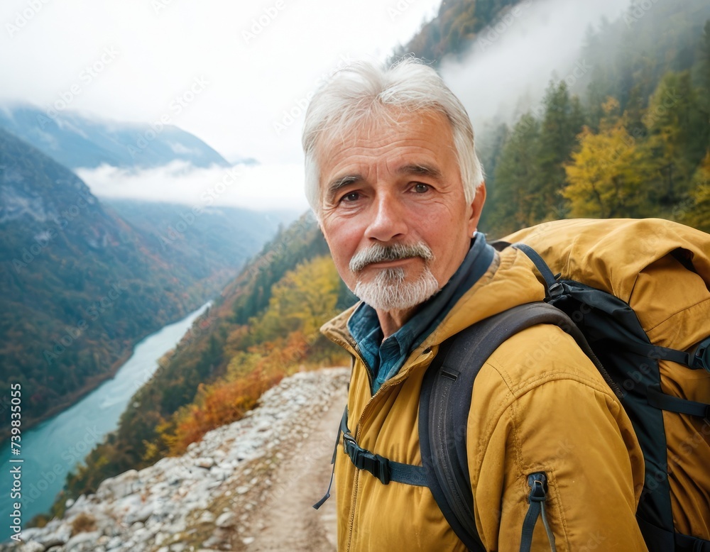 Senior man is hiker. He stands near mountain river at autumn Senior man is hiker. He stands near mountain river at autumn