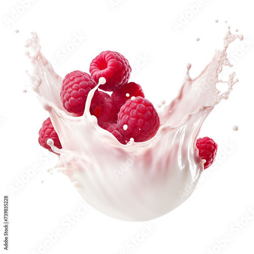 Levitation raspberry in milk isolated on transparent background. photo