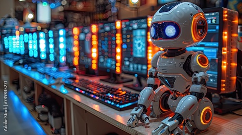 Color photo of new computers and phones in the background, with an AI style Robot in the foreground