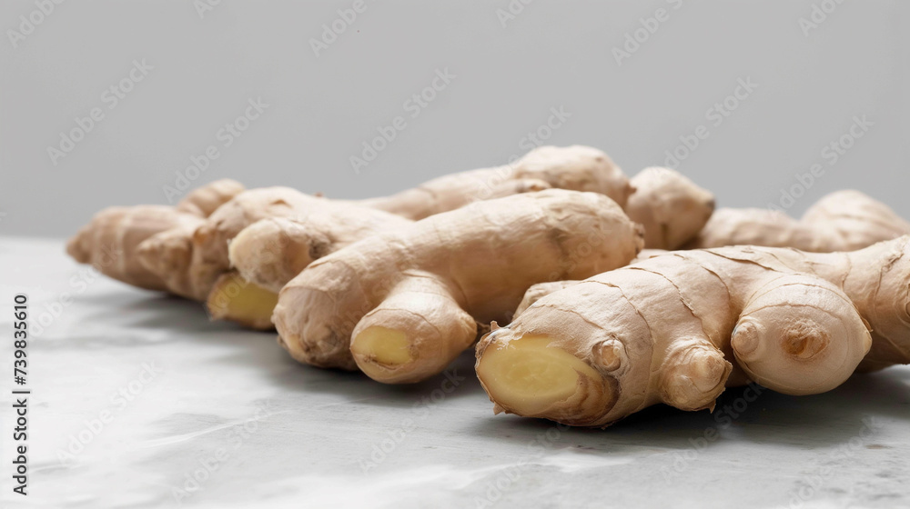 Elegant Spread of Fresh Ginger Roots on a Marble Surface Elegant Spread of Fresh Ginger Roots on a Marble Surface
