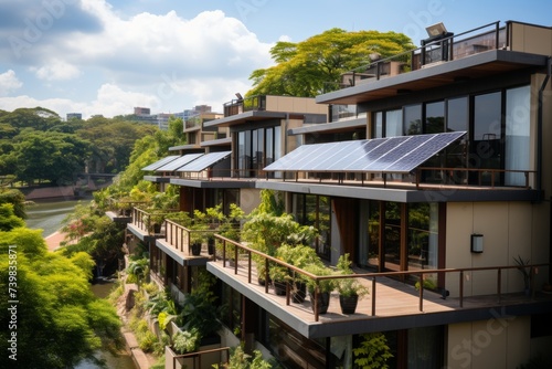Eco-friendly residential area or eco-village that focuses on community-oriented, sustainable living, with shared green spaces and renewable energy sources © spyrakot