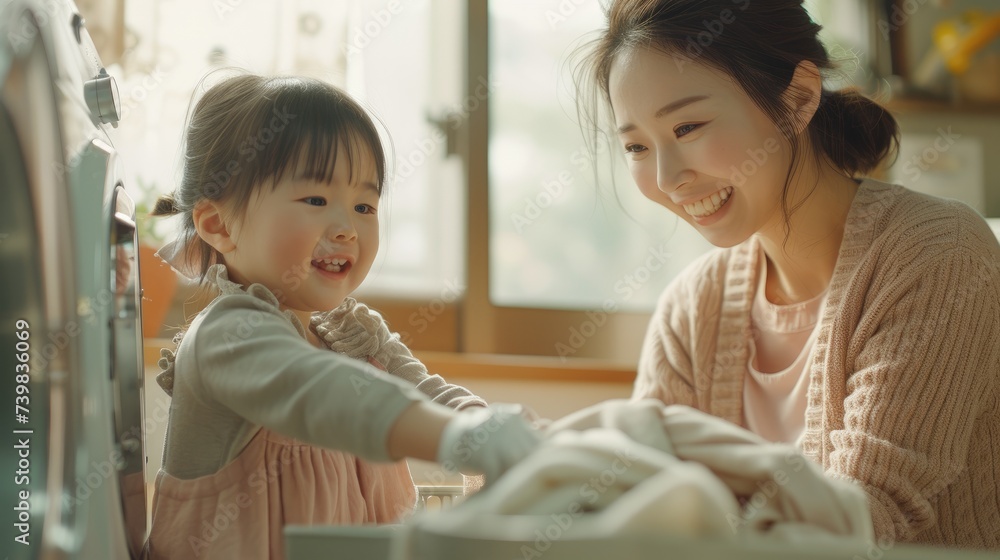 Mother and Daughter Enjoy Bonding Over Laundry Time. Mother and Daughter Enjoy Bonding Over Laundry Time.