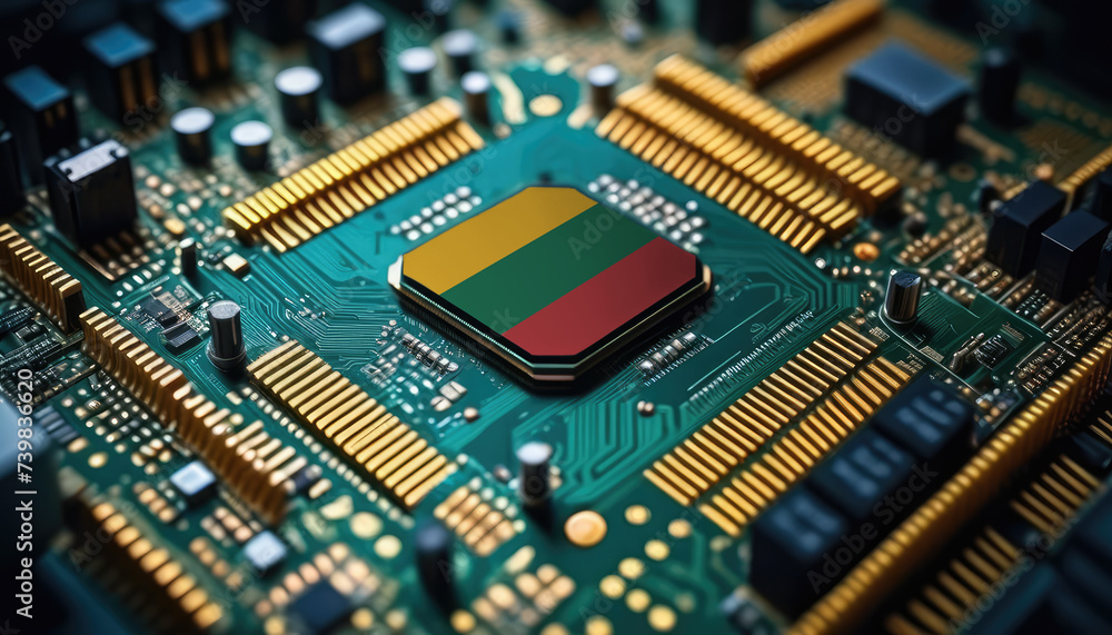 Lithuania flag on a processor, CPU or microchip on a motherboard. Concept for the battle of global microchips production. Lithuania flag on a processor, CPU or microchip on a motherboard. Concept for the battle of global microchips production.