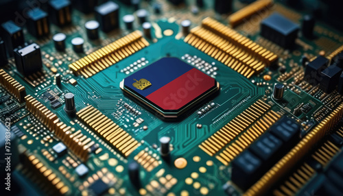 Liechtenstein flag on a processor, CPU or microchip on a motherboard. Concept for the battle of global microchips production. photo