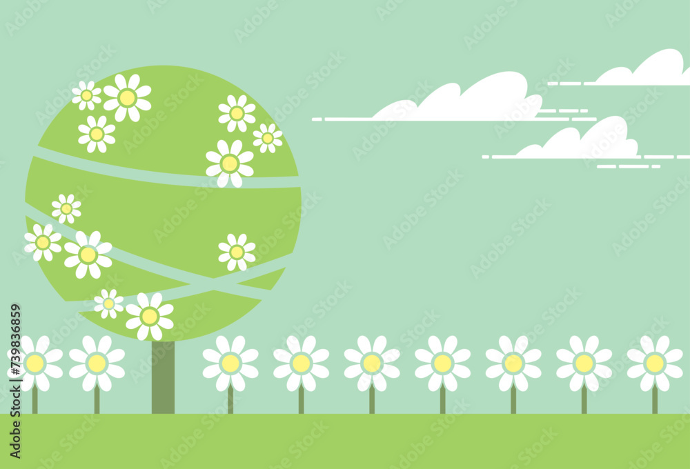 Spring landscape with a tree and daisies. Illustration of a spring landscape with daisies in the field. Drawing made with simple geometric shapes.