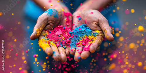 Indian woman's hands holding Holi color powder. Holi color festival concept. Shallow depth of  field.