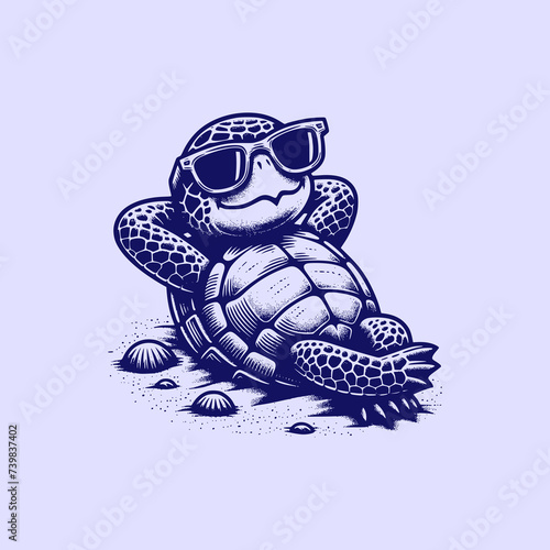 cool turtle wearing sun glasses chilling in beach retro art style vector illustration