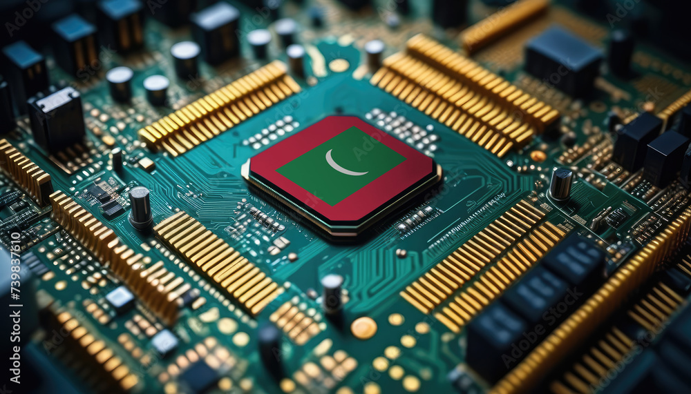 Maldive flag on a processor, CPU or microchip on a motherboard. Concept for the battle of global microchips production. Maldive flag on a processor, CPU or microchip on a motherboard. Concept for the battle of global microchips production.