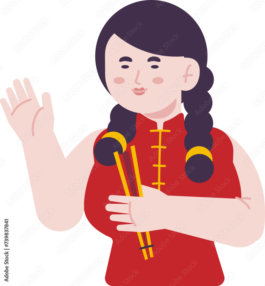Female character greets with waving hand gesture starting Chinese New Year cheerfully