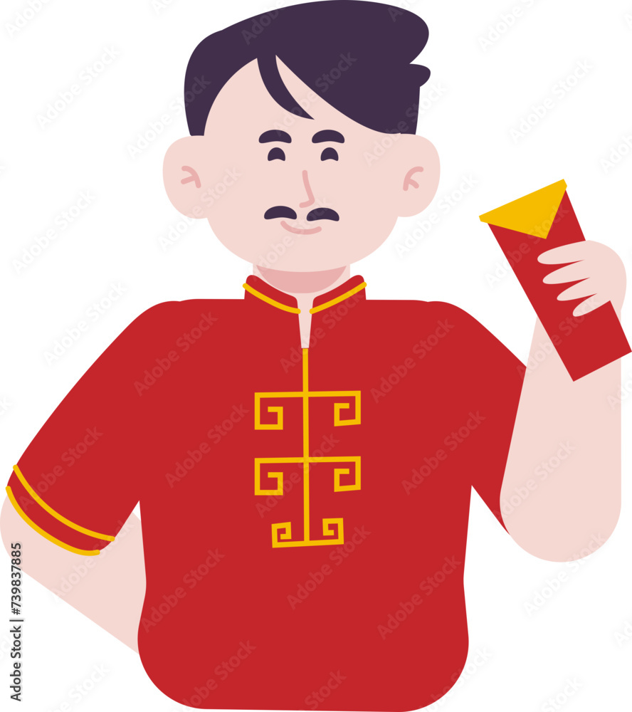 Male characters wearing red traditional costumes doing Chinese New Year activities by giving red envelopes angpao