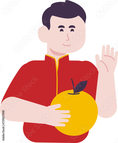 Male character waving hands carrying orange snacks and enjoying delicious Chinese New Year dishes
