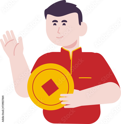 Male character greets with a waving hand gesture holding gold coins money
