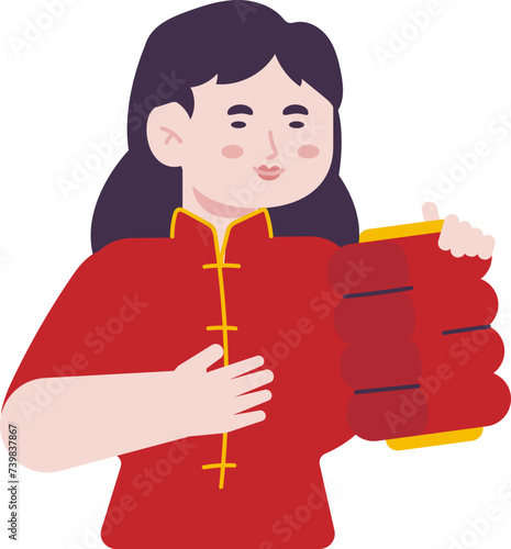 Female character carrying hanging red lanterns for house decoration to welcome Lunar New Year Party