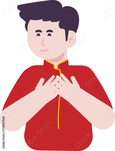 Smiling Boy character in red traditional Chinese clothing welcomes Chinese New Year