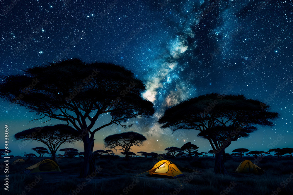 tent on the ground in safari at night under the starry sky tent on the ground in safari at night under the starry sky