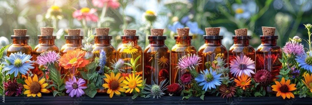 Flowers Plant Extracts Small Bottles, Banner Image For Website, Background, Desktop Wallpaper
