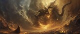 a mage with dragon shape cloud drifting over sky, fantasy scenery background wallpaper, Ai Generated